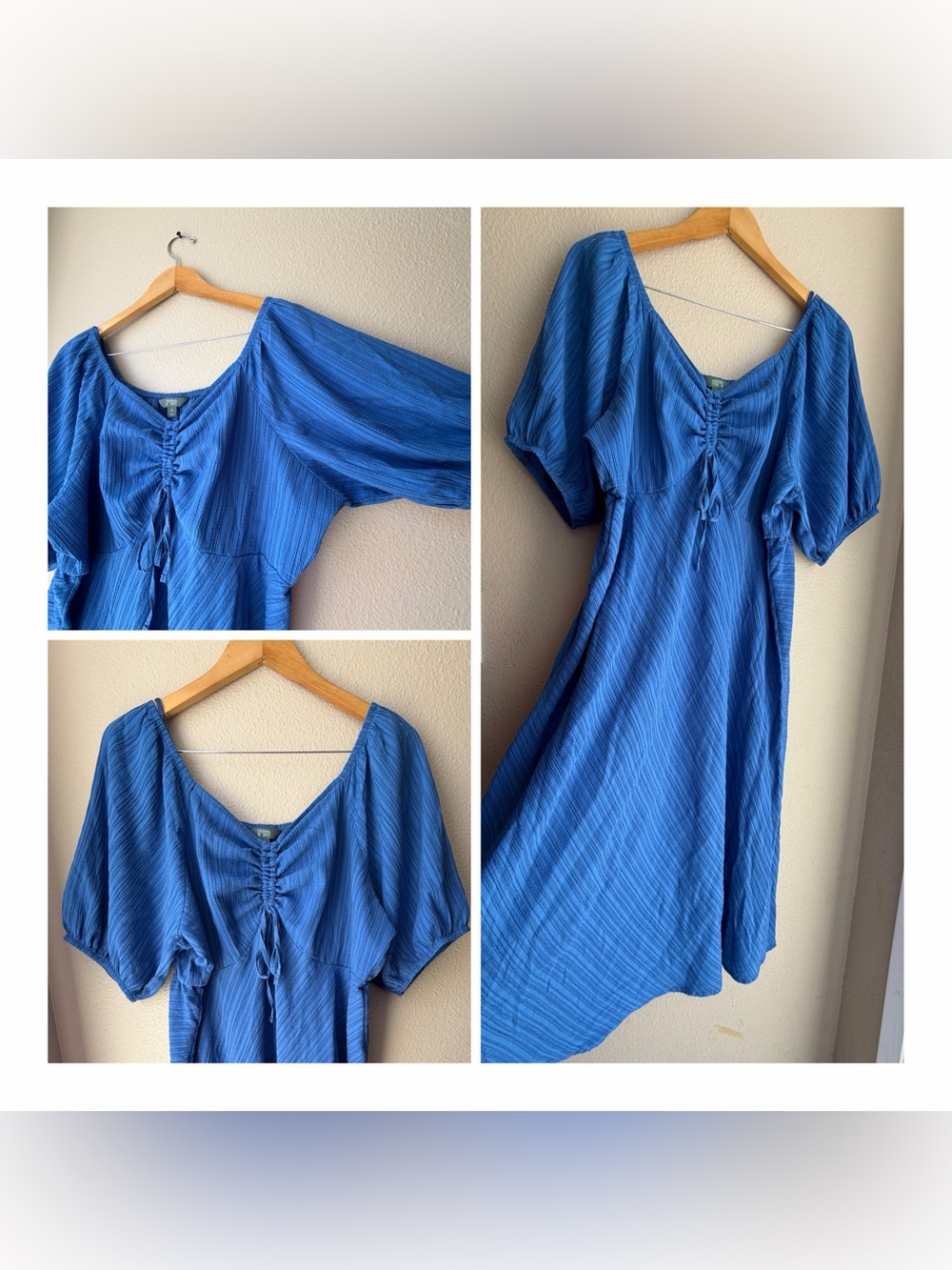 Terra & Sky Royal Blue Textured Boho Peasant Dress Size 14 W Midi Babydoll Soft